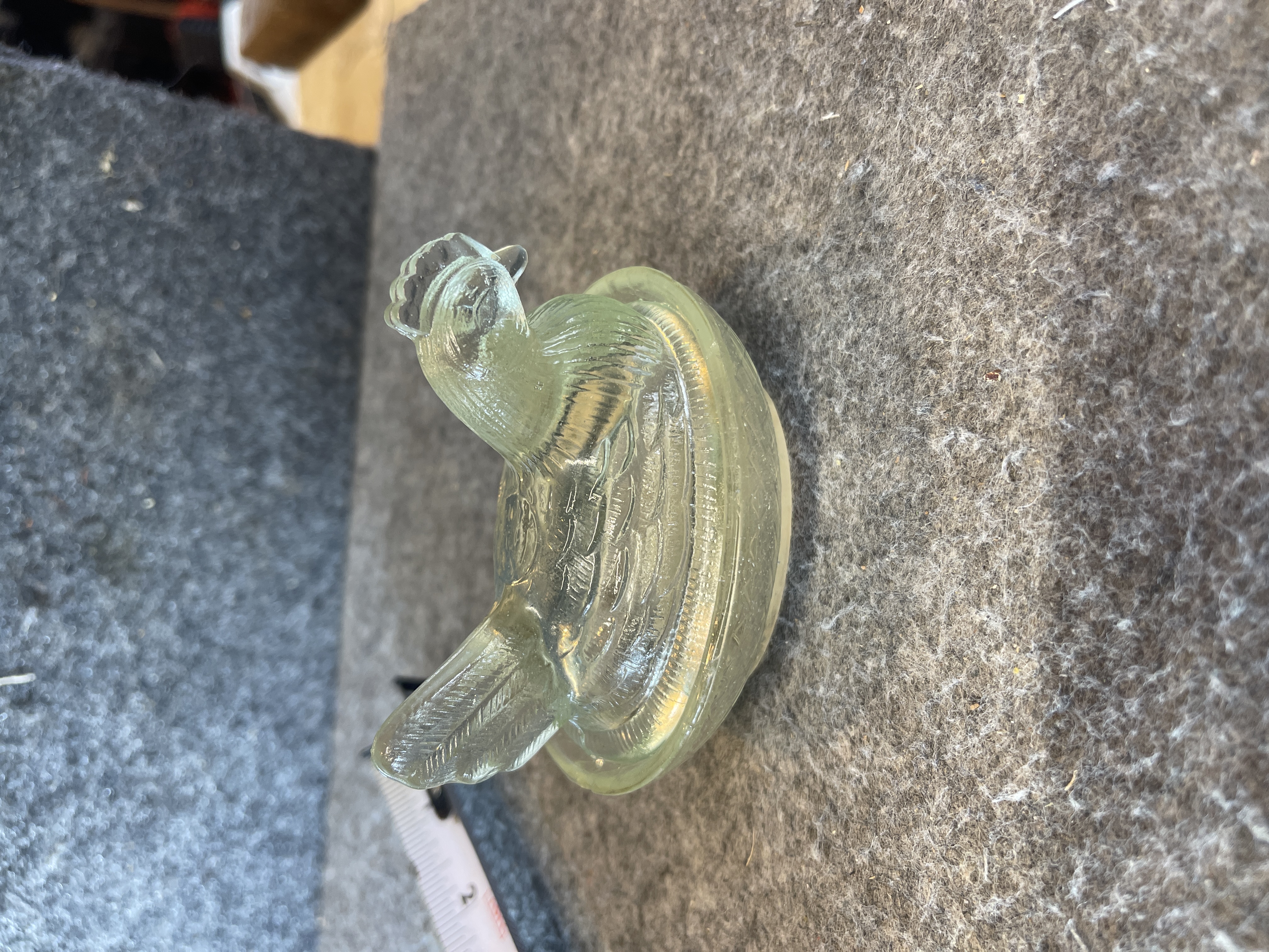 Miniature Pressed Glass Hen on Nest Covered Dish in Pale Yellow-Green
