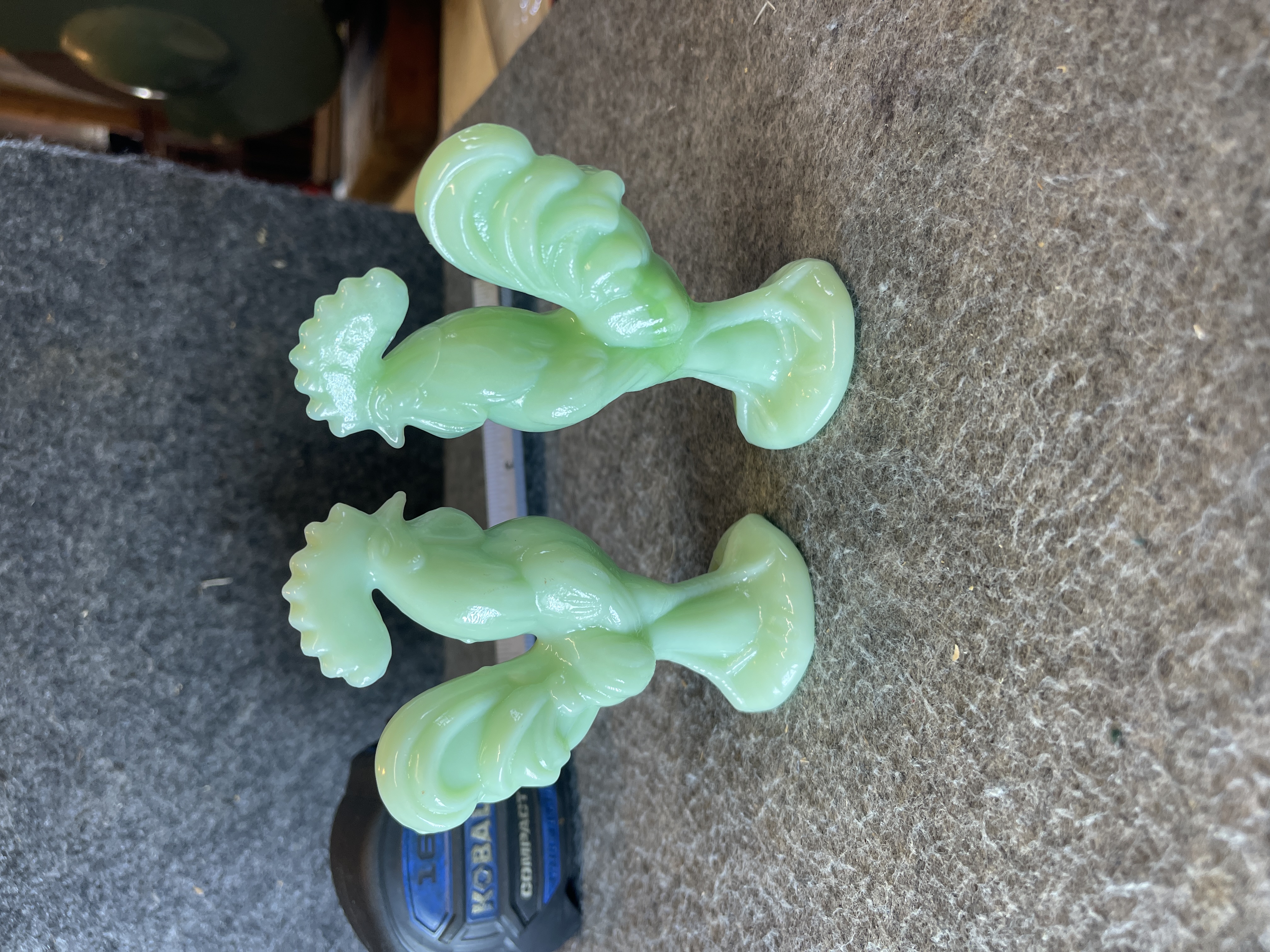 A Pair of Houze Glass Company Jadeite Rooster Figurines