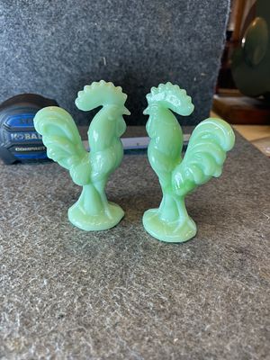 A Pair of Houze Glass Company Jadeite Rooster Figurines. This lot features a pair of matching 