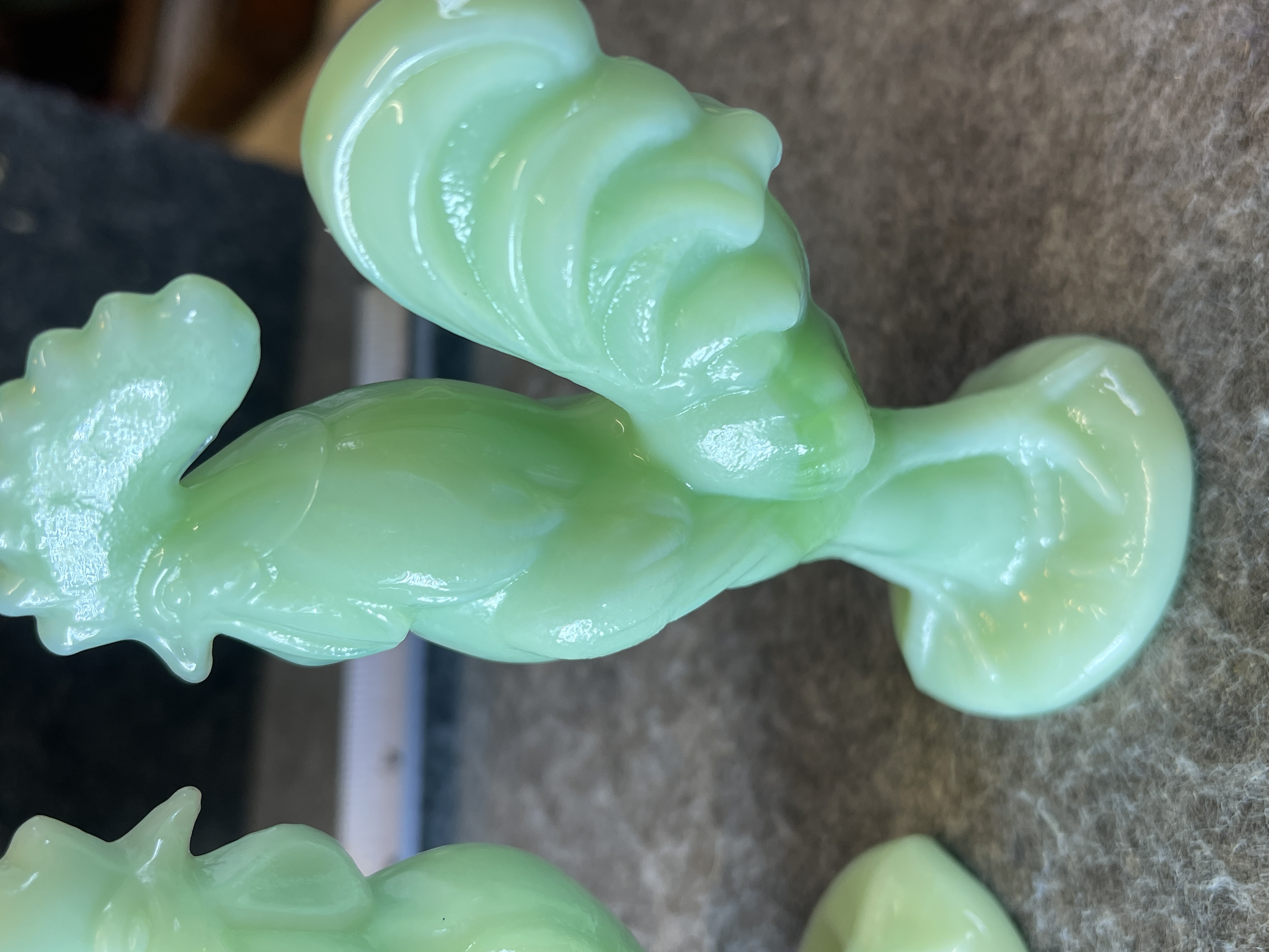 A Pair of Houze Glass Company Jadeite Rooster Figurines