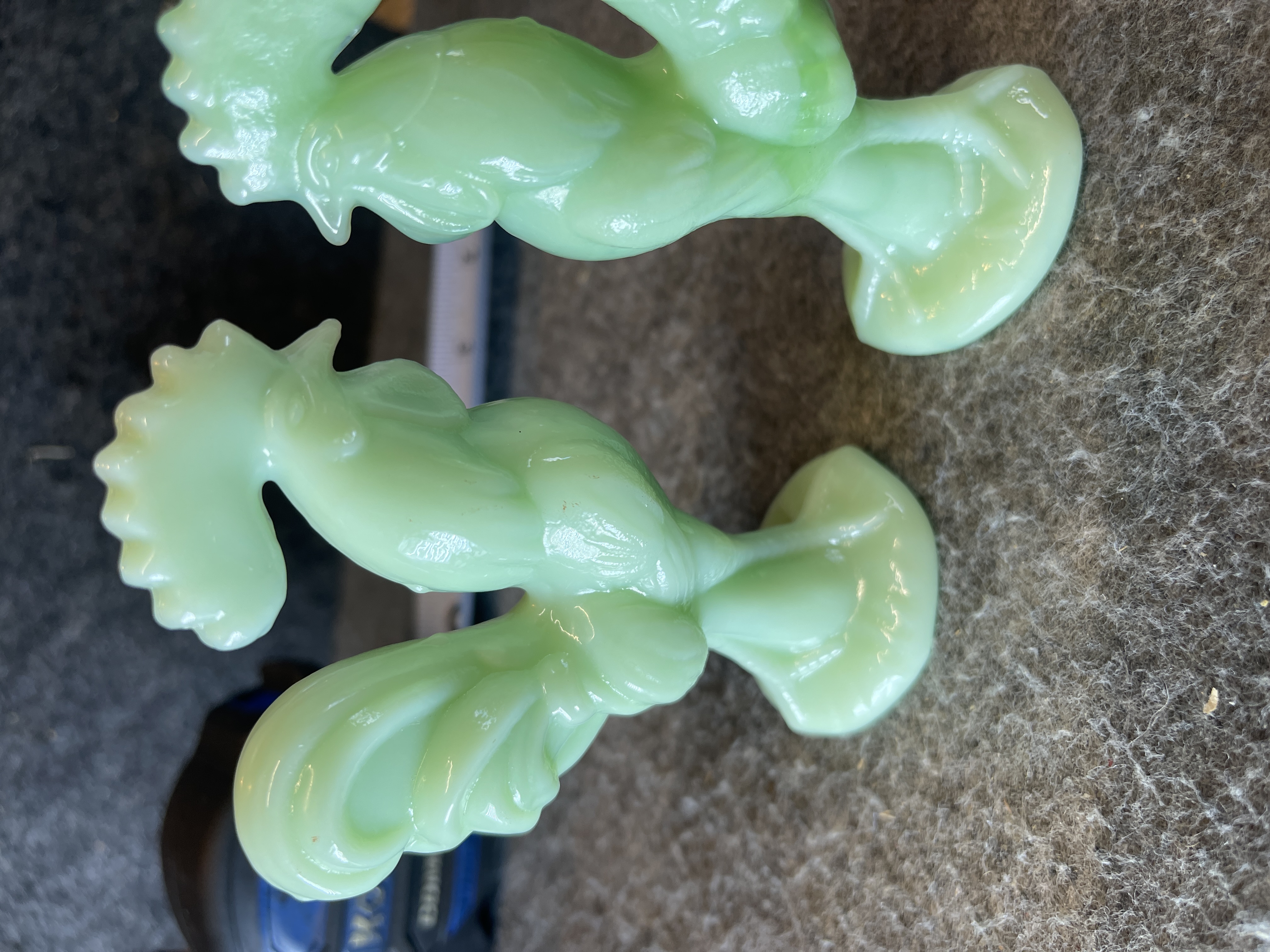 A Pair of Houze Glass Company Jadeite Rooster Figurines