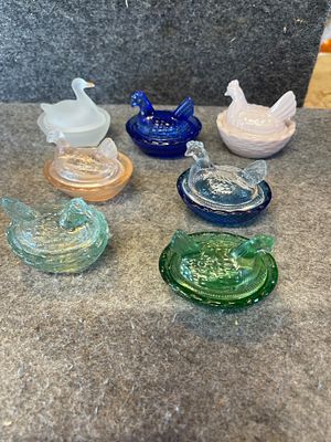 A Collection of Seven Miniature Glass Bird on Nest Salt Cellars. A collection of seven miniature 