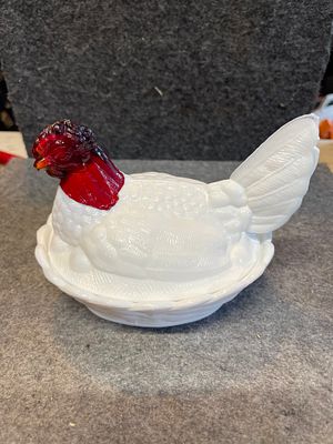 Westmoreland Milk Glass Red Head Hen on Nest Covered Dish. This is a two-piece pressed glass 