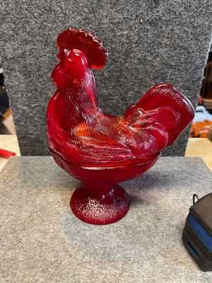 Ruby Red Pressed Glass Standing Rooster Pedestal Covered Dish. A vintage covered candy dish or 