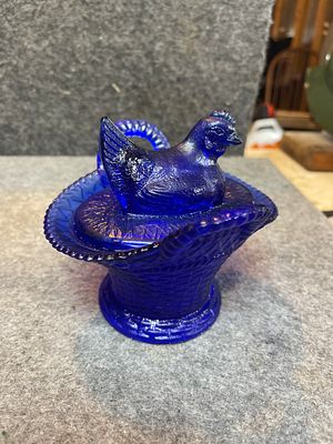 Kemple Cobalt Blue Iridescent Carnival Glass Hen on Nest Covered Dish. A Kemple Glass Works 