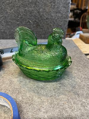 Imperial Glass Emerald Green Uranium Glass Rooster on Nest Covered Dish. A two piece pressed 