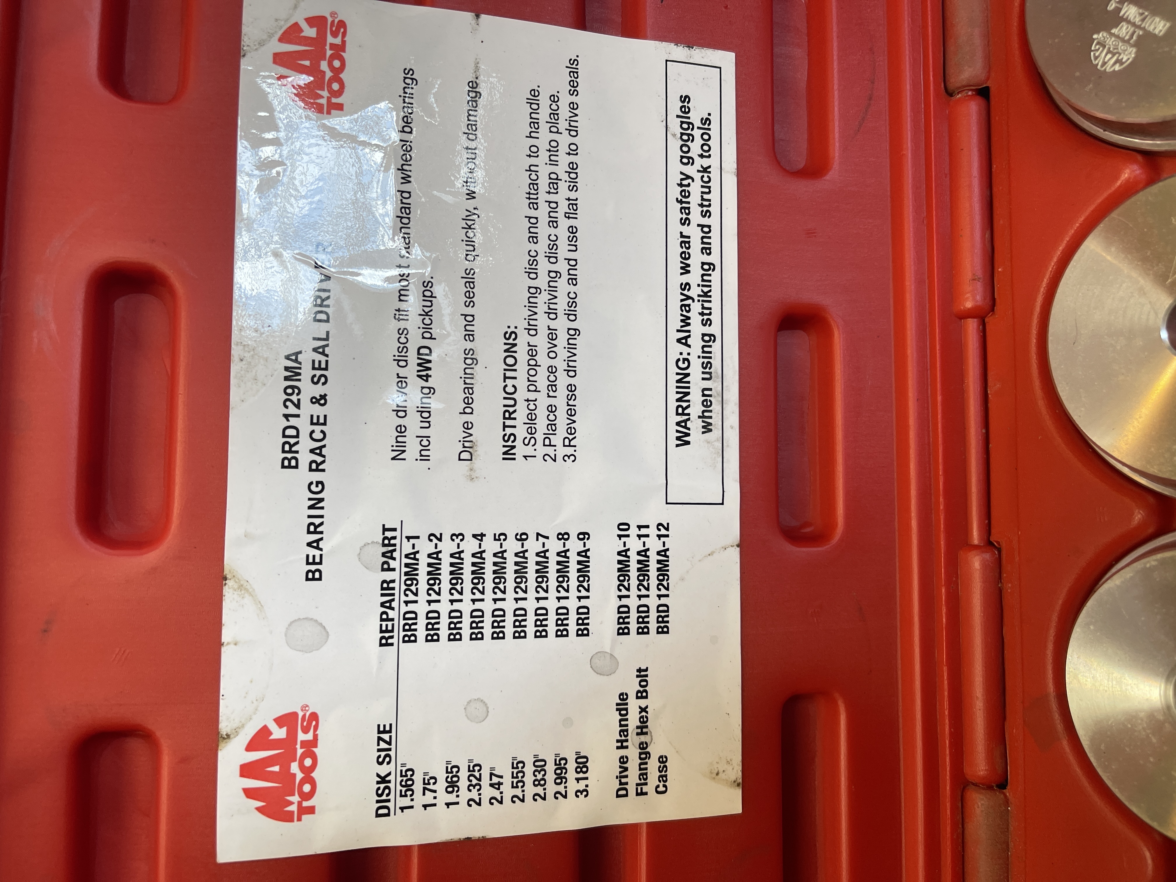 Mac Tools BRD129MA Professional Bearing Race/Seal Driver Set Hard Case