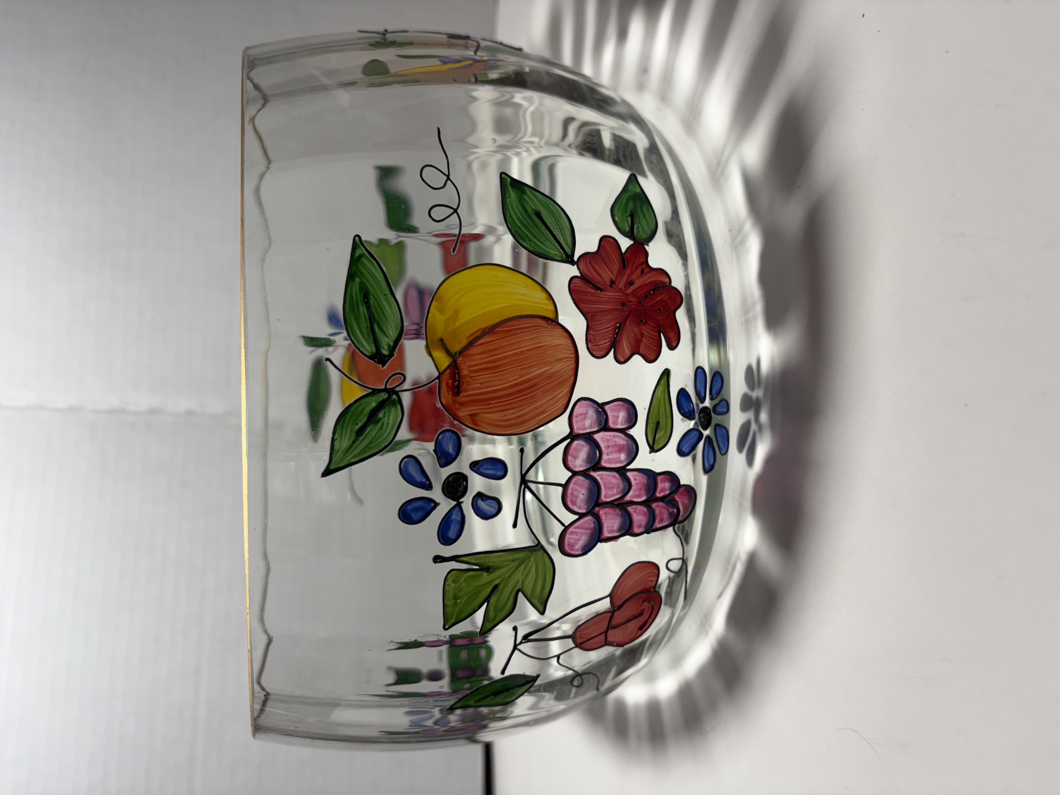 Hand Painted Optic Ribbed Glass Fruit Bowl with Gilded Rim