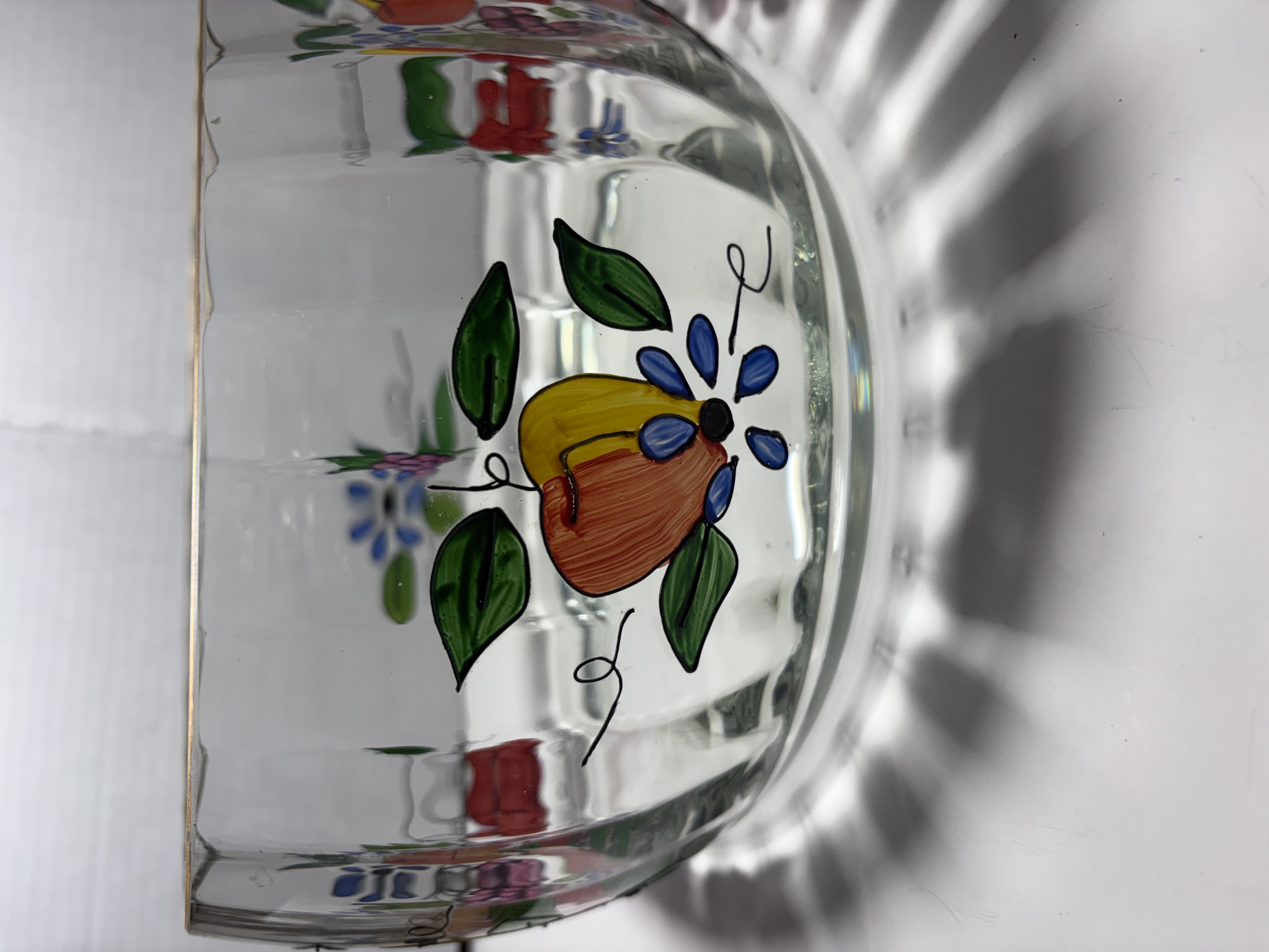 Hand Painted Optic Ribbed Glass Fruit Bowl with Gilded Rim