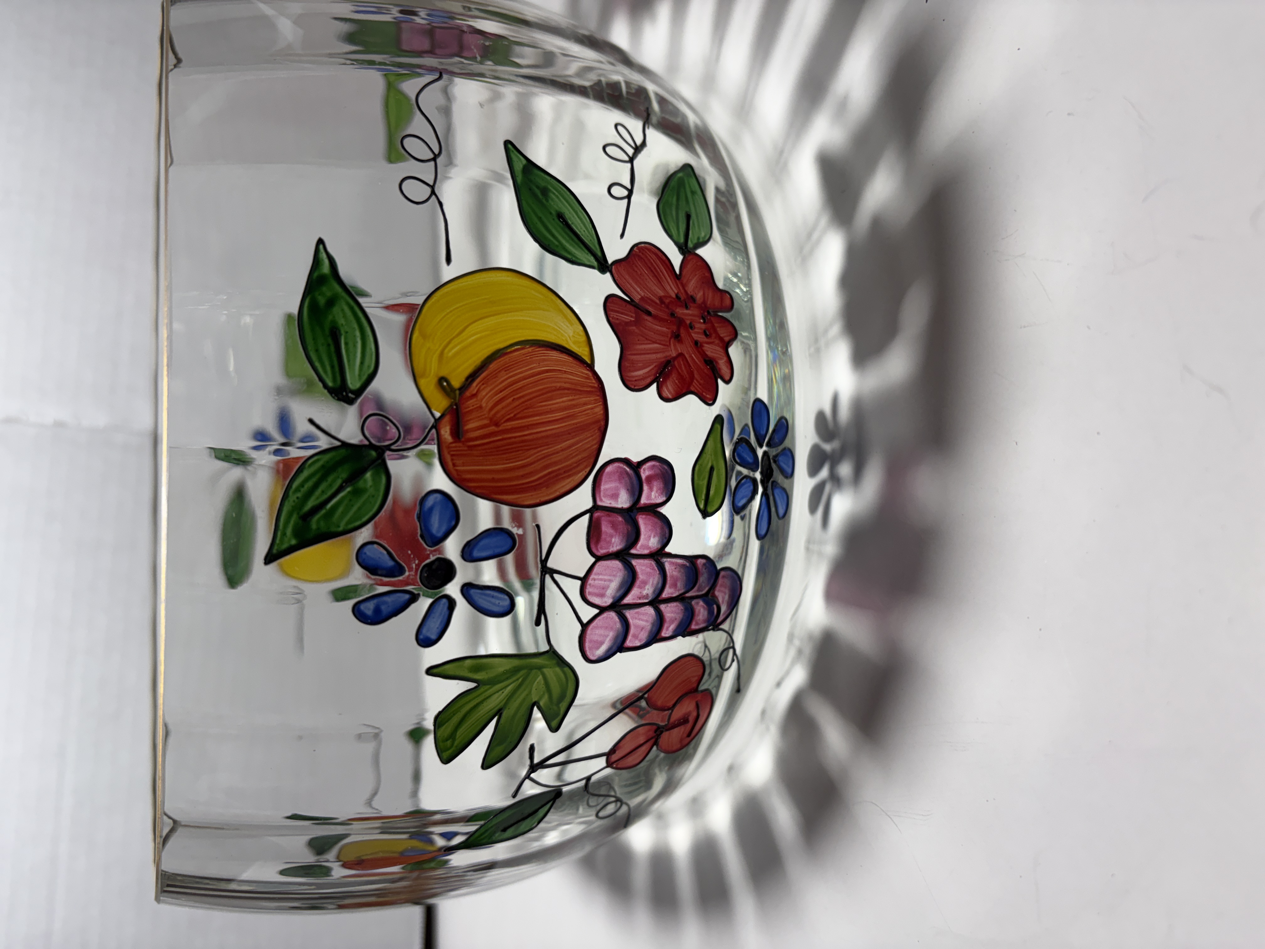 Hand Painted Optic Ribbed Glass Fruit Bowl with Gilded Rim