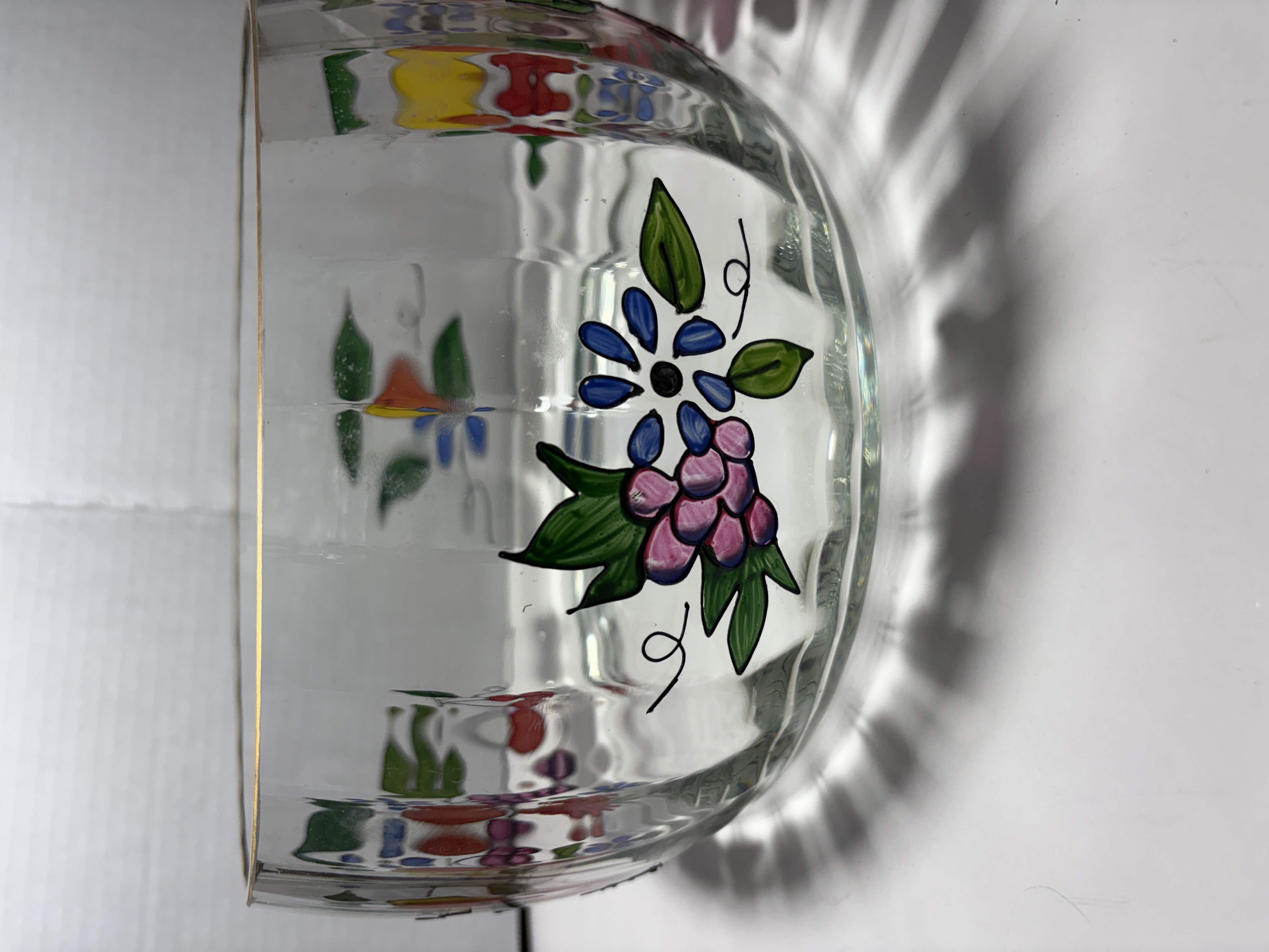 Hand Painted Optic Ribbed Glass Fruit Bowl with Gilded Rim