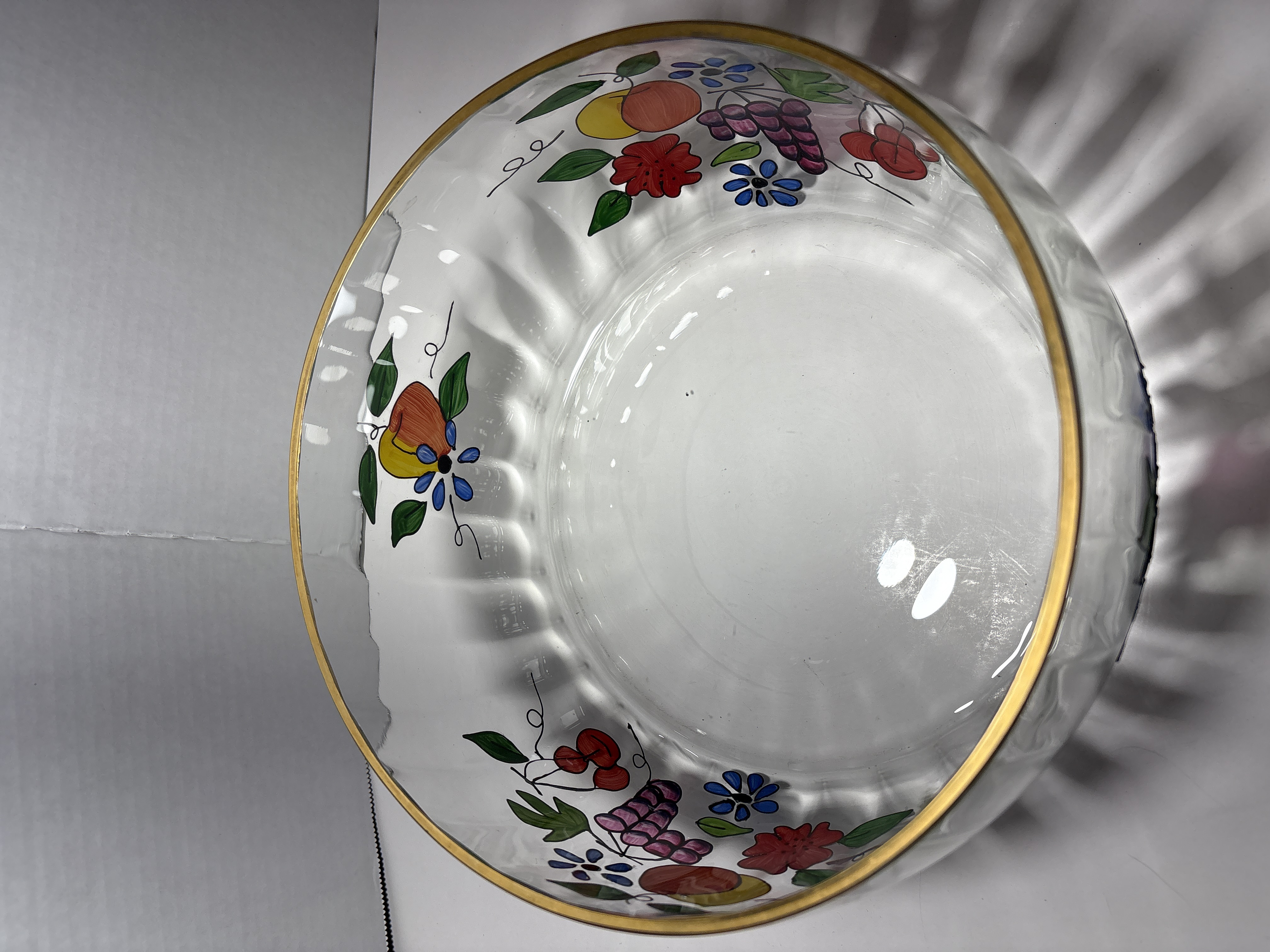 Hand Painted Optic Ribbed Glass Fruit Bowl with Gilded Rim