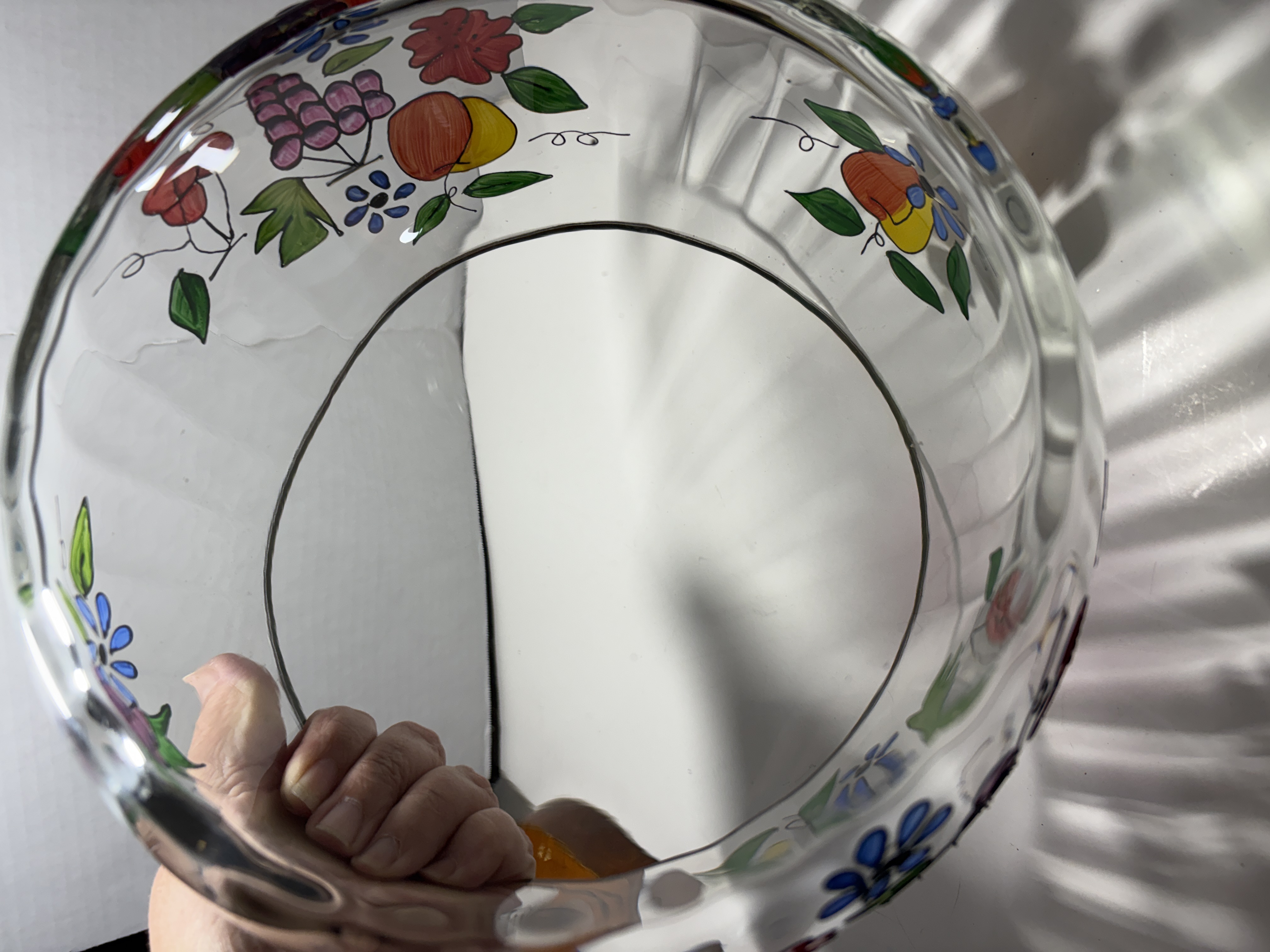 Hand Painted Optic Ribbed Glass Fruit Bowl with Gilded Rim