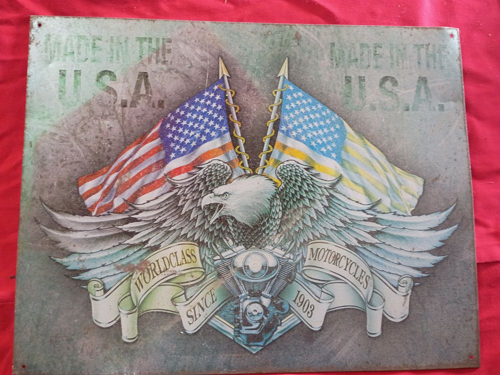 Lot 79: Large American Eagle and Motorcycle Themed Metal Advertising Sign