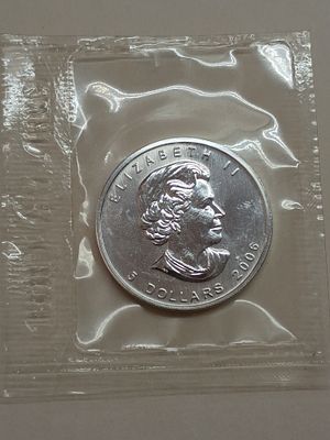 2006 Canada Silver 1 oz Maple Leaf Coin. A 2006 Canadian 5 Dollar silver bullion coin, struck in 