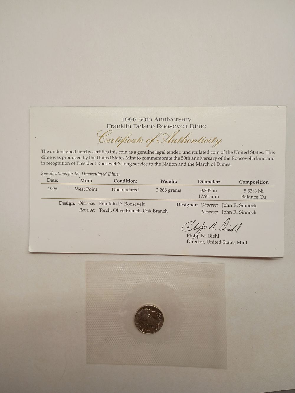 Lot 22: 1996-W US Roosevelt Dime 50th Anniversary Uncirculated with OGP