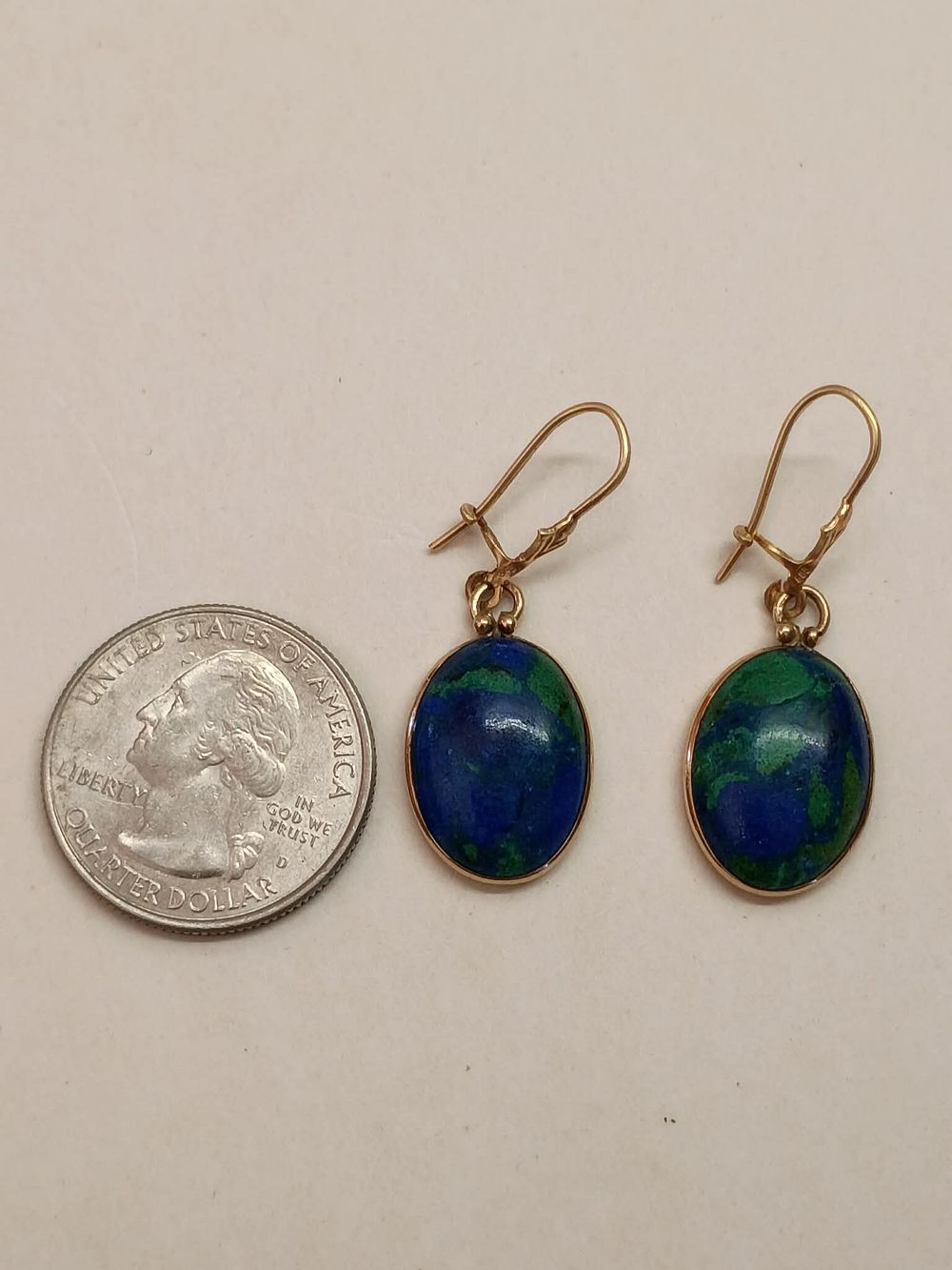 Lot 24: A Pair of 14K Yellow Gold Azurite Malachite Cabochon Drop Earrings
