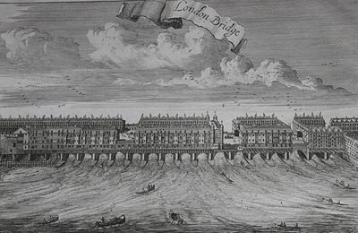 John Stow - London Bridge in 1754 by John Strype. Original antique 18th century engraving. 