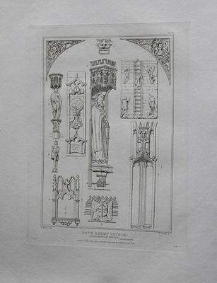 W Deeble - Bath Abbey Church details engraved by S Rayner 1824. Original engraving of 