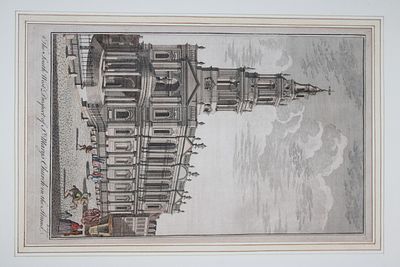 B Cole - South West Prospect of St Mary's Church in the Strand 1756. This hand coloured 