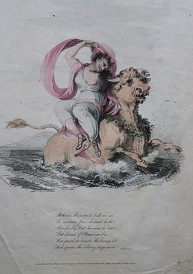 Giovanni Vendramini - Stipple engraving of Europa and Zeus 1805. This hand-coloured stipple 