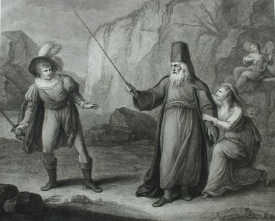 F Bartolozzi - Prospero disarming Ferdinand by H Bunbury 1792. This stipple engraving of 