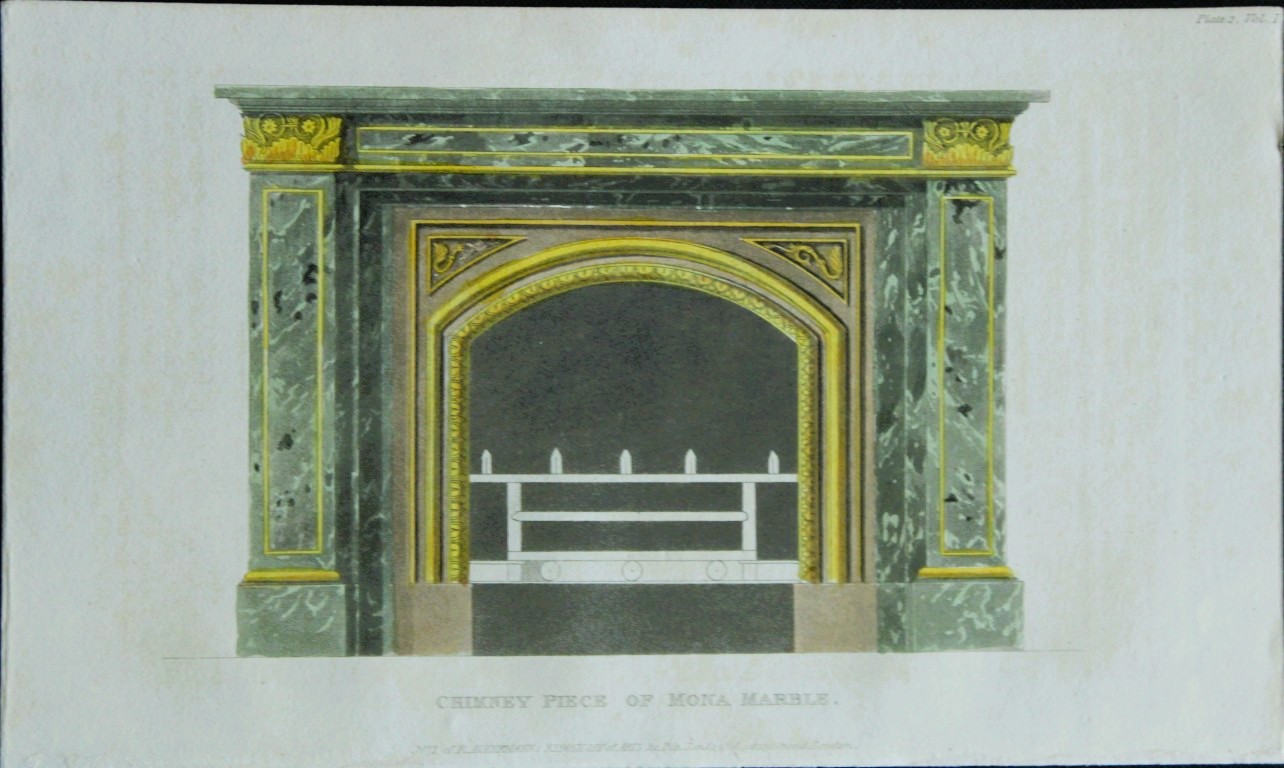 R Ackermann - Hand coloured engraving of a fireplace 1816
