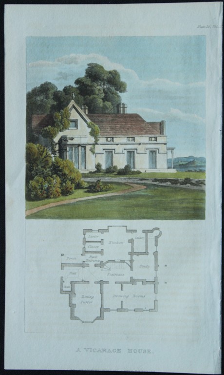 R Ackermann - Hand coloured engraving of a Vicarage 1816