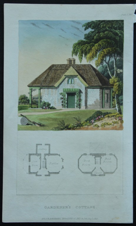 R Ackermann - Hand coloured engraving of Gardener's Cottage and Seats 1816