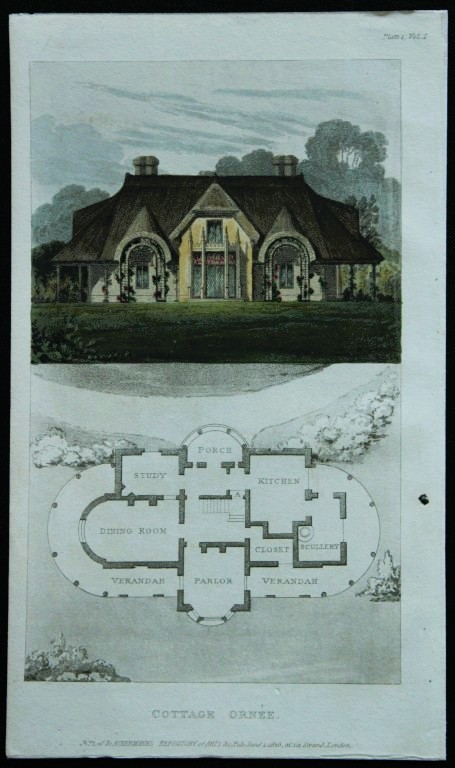 R Ackermann - Hand coloured engraving of Cottage Ornee 1816
