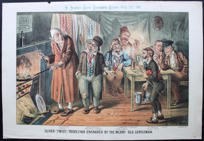 Tom Merry political cartoon - Oliver (Twist) Trevelyan 1887