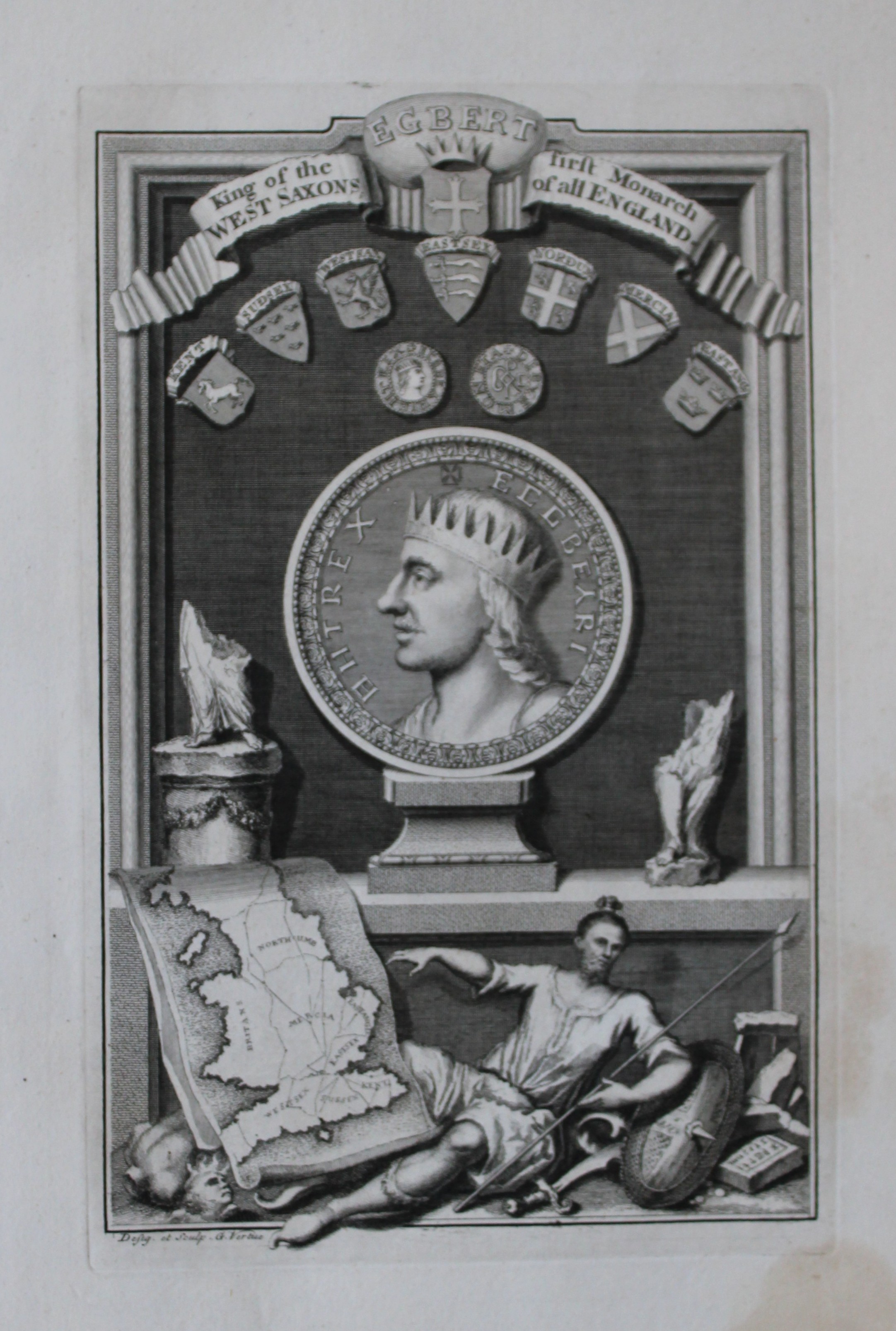 George Vertue - Rare folio engraving of Egbert, King of the Saxons 1736