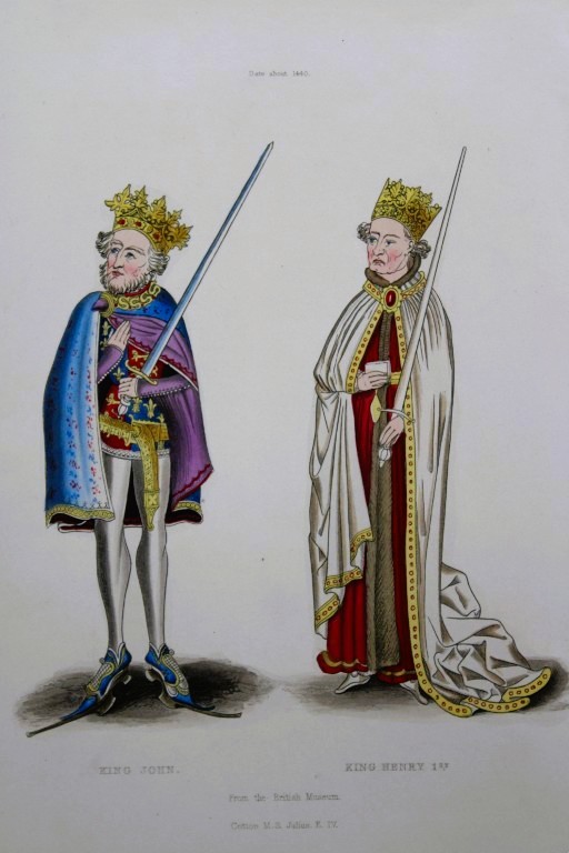 Henry Shaw - Hand-coloured engraving of King John and King Henry I 1858