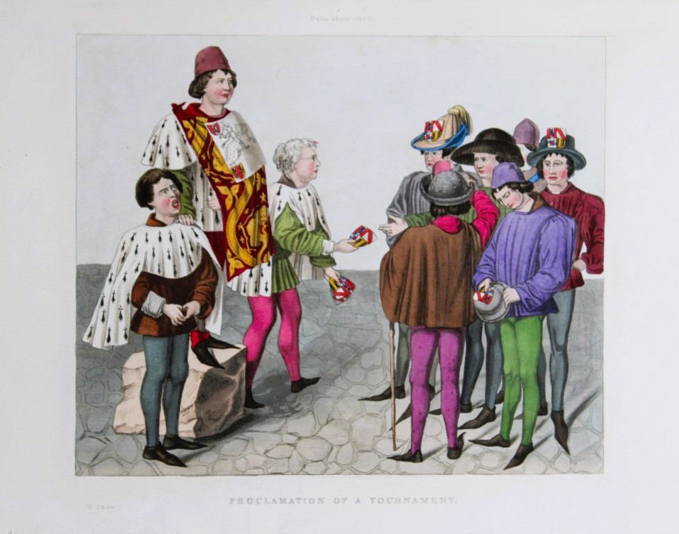 Henry Shaw - Hand-coloured engraving of the Proclamation of a Tournament 1858