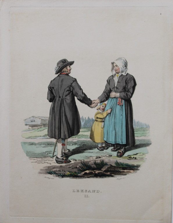 Sandberg - Hand coloured lithograph of Leksand folk, Sweden by Forssell 1836