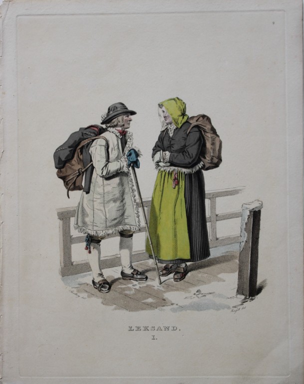 Sandberg - Hand coloured lithograph of Leksand folk, Sweden by Forssell 1836