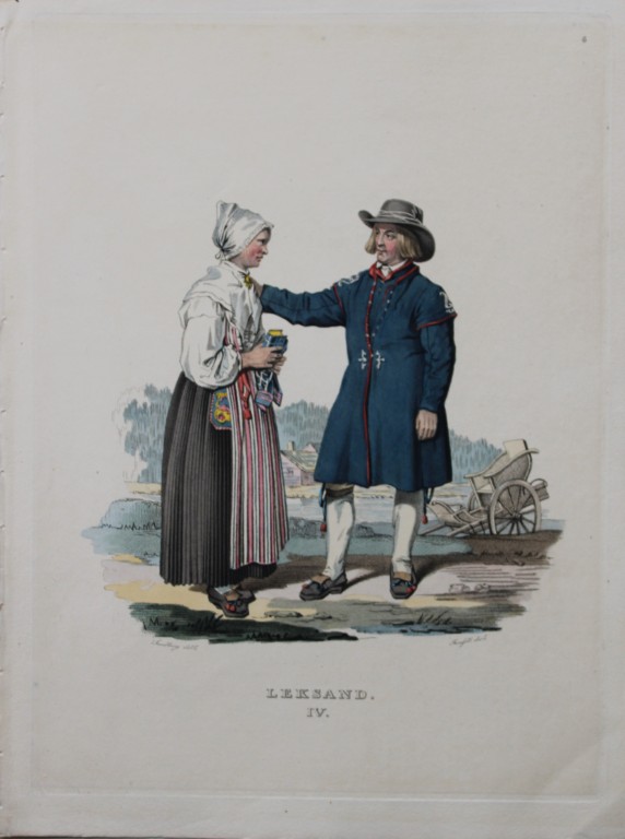 Sandberg - Hand coloured lithograph of Leksand folk, Sweden by Forssell 1836