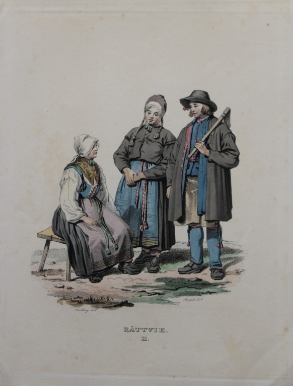 Sandberg - Hand coloured lithograph of Rattvik folk, Sweden by Forssell 1836