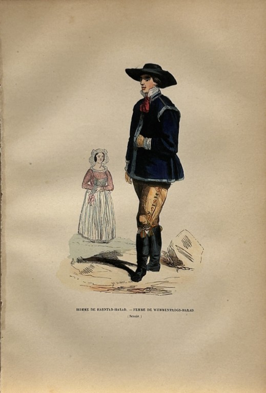 A Wahlen - Woodcut engraving of Swedish man and woman 1843