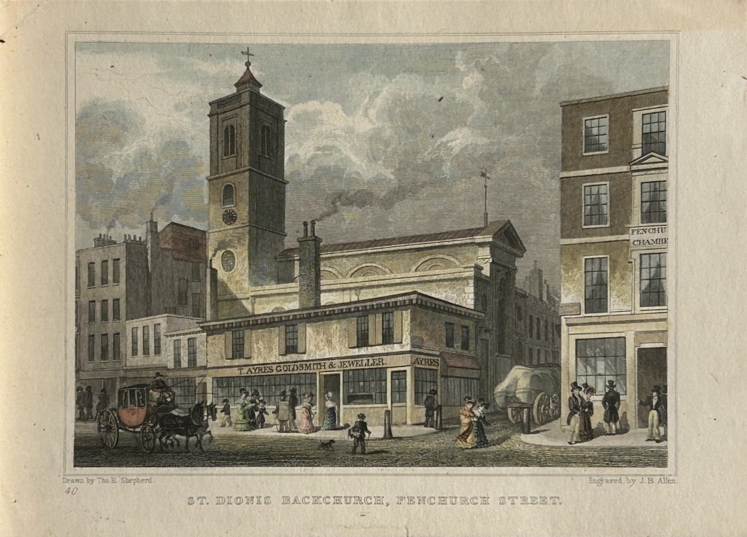 Thomas Shepherd - St Dionis Bachchurch, Fenchurch St engraved by JB Allan 1828