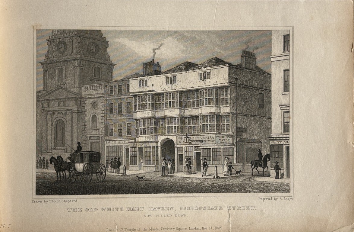 Thomas Shepherd - Old White Hart Tavern, Bishopsgate engraved by S Lacey 1828