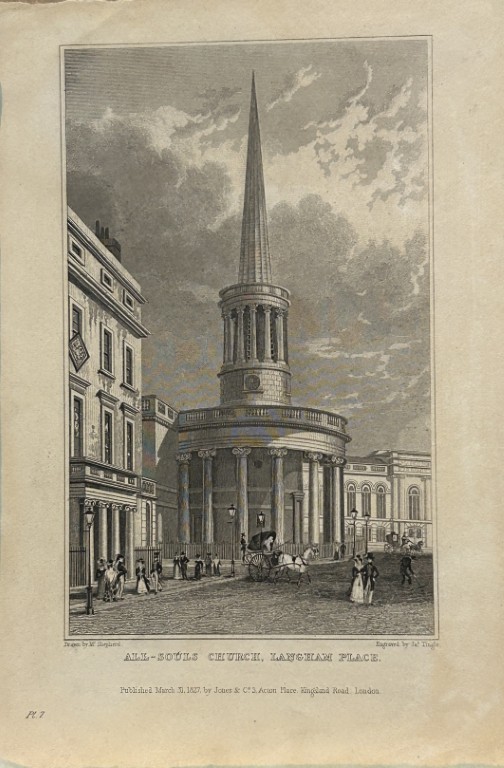 Thomas Shepherd - All Souls Church, Langham Place engraved by J Tingle 1828