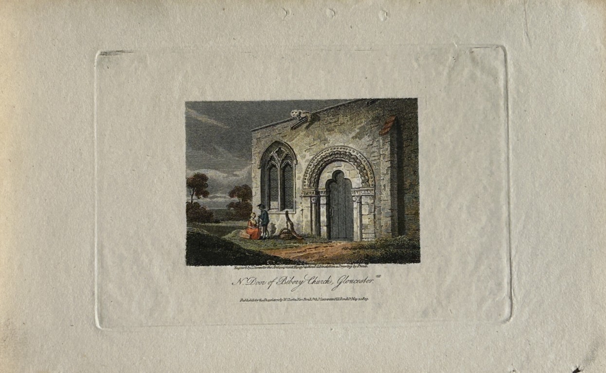 Samuel Prout - Rare hand coloured etching of Bibury Church, Gloucester 1809
