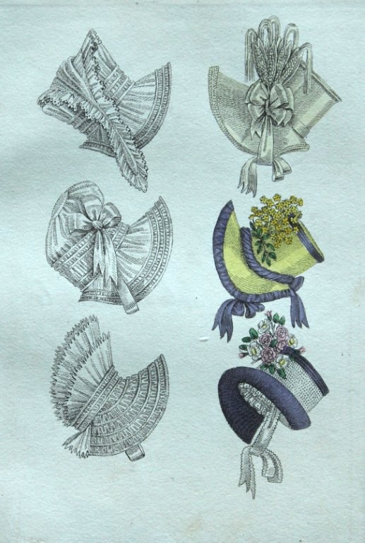 R Ackermann - Hand coloured engraving of Ladies Bonnets 1816