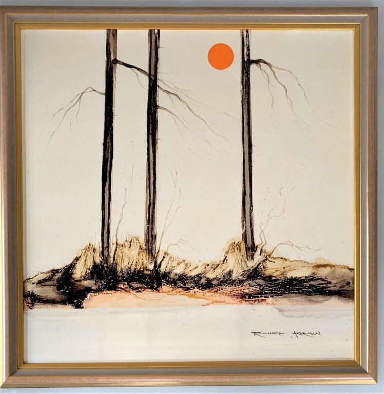 Richard Akerman - Acrylic on canvas of Stark Trees with Red Sun c1970