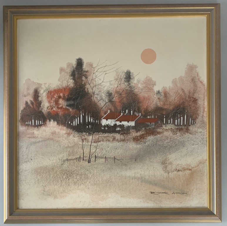 Richard Akerman - Acrylic on canvas of Village in Autumn with Red Sun  c1970