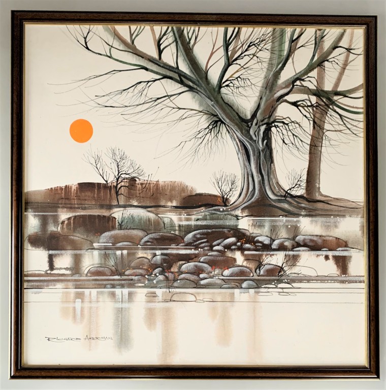 Richard Akerman - Acrylic on canvas of Riverside Tree with Golden Sun c1970