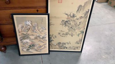 2 Asian Watercolor/ Woodblocks. 30 x 19 inches sight...mountains with foliage....red seal mark 