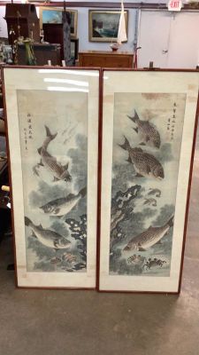 Pair Asian Woodblocks Fish on Fabric. Each 50 x 16 sight...with texture matte, Asian style wood 