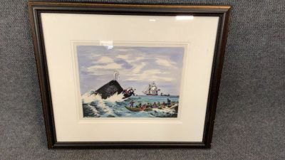 Nantucket Hand Colored Whale Hunt. 16x 12 inch sight ...professional frame and matte...not signed..